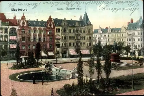 Ak Magdeburg in Sachsen Anhalt, Kaiser Wilhelm Platz, Brunnen, Denkmal