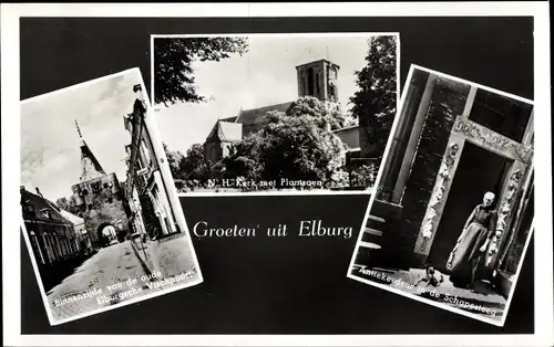 Ak Elburg Gelderland, Binnenzijde van de oude Elburgsche Vischpoort, N.H. Kerk met Plantsoen