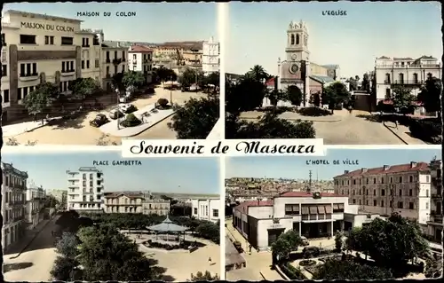 Ak Mascara Algerien, Maison du Colon, Kirche, Place Gambetta, l'Hotel de Ville