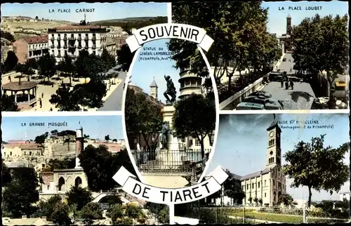 Ak Tiaret Algerien, Place Carnot, Place Loubet, Kirche, Statue, Moquée