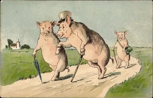Litho Schwein als Soldat, Mütze, Gehstock, Säbel, Vermenschlichte Tiere