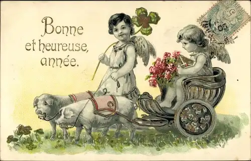 Präge Ak Glückwunsch Neujahr, Engel, Fuhrwerk, Schweine, Glücksklee