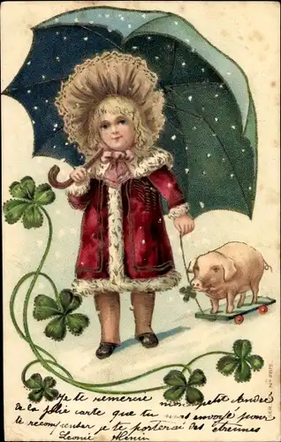 Präge Litho Glückwunsch Neujahr, Mädchen mit Regenschirm, Schwein, Kleeblatt