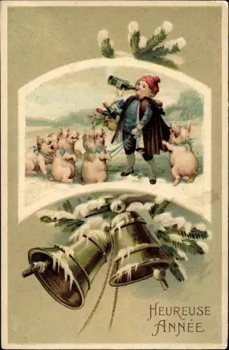 Präge Ak Glückwunsch Neujahr, Glocken, Kind trinkt Sekt, Schweine