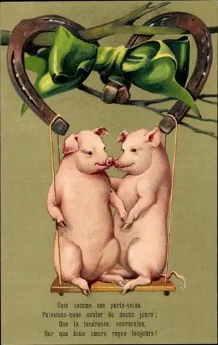 Präge Ak Bonne Année, Glückwunsch Neujahr, Schweine, Hufeisen, Schaukel