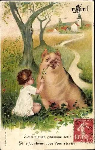 Präge Litho Glückwunsch 1. April, Kind, Schwein, Wiese