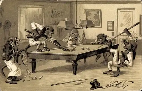 Litho Billard, Affen spielen Billard im Cafe, Kellner, Queue