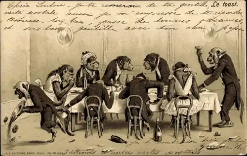 Präge Litho Affen im Anzug am Tisch mit Sekt, Kellner, Vermenschlichtes