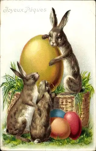 Präge Ak Glückwunsch Ostern, Osterhasen, Bunte Ostereier