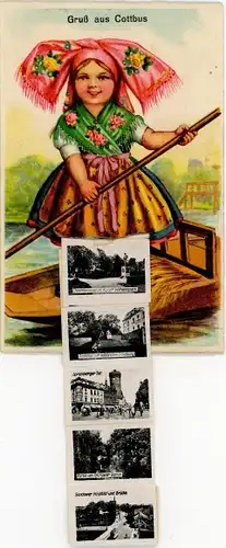 Leporello Ak Cottbus in der Niederlausitz, Mädchen in Spreewälder Tracht im Ruderboot, Tor, Denkmal