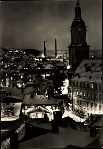 Ak Greiz in Thüringen, Blick auf Stadt und Kirche, Nachtaufnahme im Winter