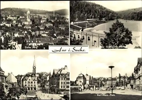 Ak Aue im Erzgebirge Sachsen, Zeller Berg, Karl Marx Platz, Am Alsmarkt, Otto Grotewohl Stadion