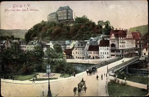 Ak Greiz im Vogtland, Brücke, Blick auf Oberes Schloss