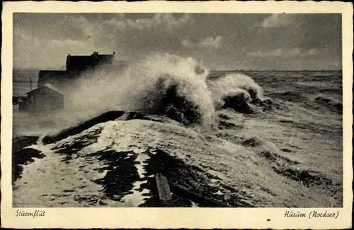 Ak Husum in Nordfriesland, Sturmflut am Seedeich, Oktober 1936