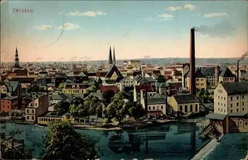 Ak Zwickau in Sachsen, Ortsansicht, Schornstein, Kirche