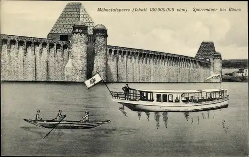 Ak Günne Möhnesee in Westfalen, Sperrmauer, Möhnetalsperre, Schiff, Ruderboot