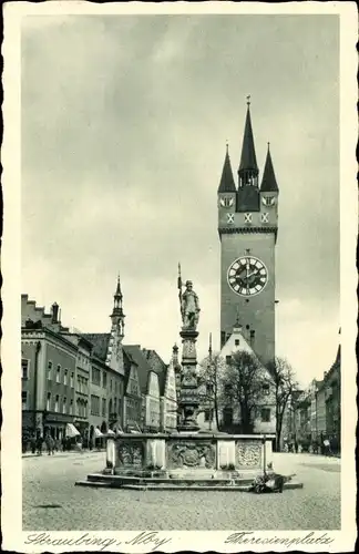 Ak Straubing an der Donau Niederbayern, Theresienplatz, Brunnen, Statue, Turm