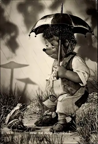 Ak Mecki der Igel, Und warte auf dich, Regen, Frosch, Regenschirm