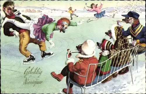 Ak Glückwunsch Neujahr, Igel beim Schlittschuhlaufen, Pfeife, Vermenschlichte Tiere