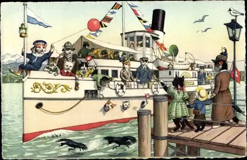 Ak Katzen verabschieden ihre Familie, Katzen mit Schiff unterwegs