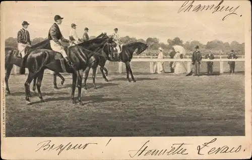 Künstler Ak Pferderennbahn, Jockeys vor dem Start