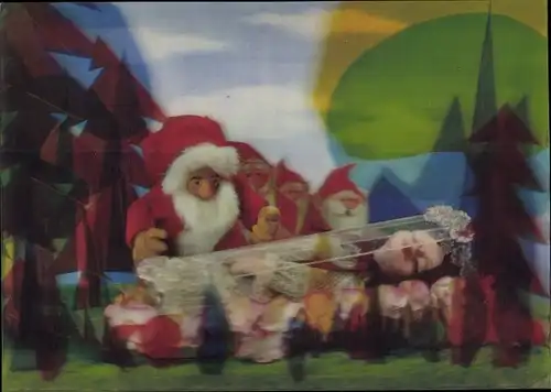 3 D Ak Märchen, Schneewittchen, Zwerge stehen um den gläsernen Sarg