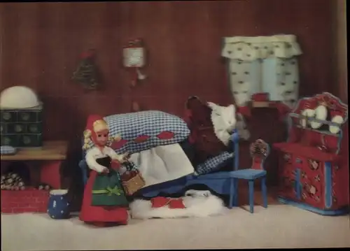 3 D Ak Märchen, Red Riding Hood, Rotkäppchen, Wolf als Großmutter verkleidet