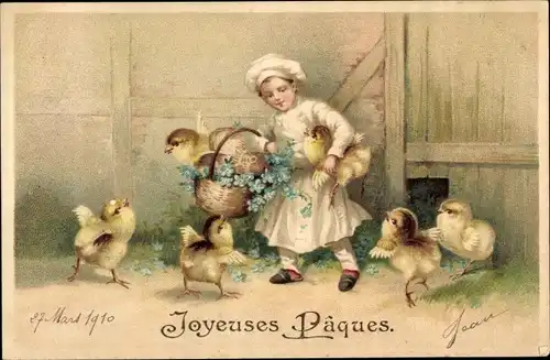 Litho Glückwunsch Ostern, Joyeuses Paques, Kind mit Küken, Vergissmeinnicht