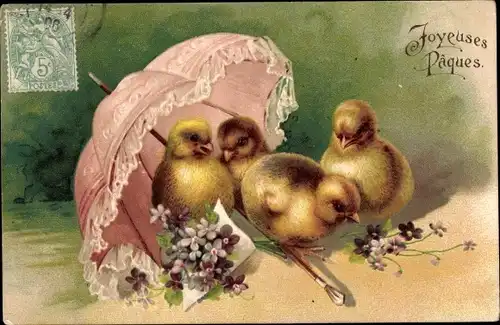 Präge Ak Glückwunsch Ostern, Joyeuses Paques, Küken, Sonnenschirm, Blumen