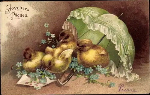 Präge Ak Glückwunsch Ostern, Joyeuses Paques, Küken, Sonnenschirm, Blumen