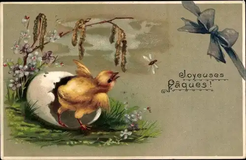 Präge Ak Glückwunsch Ostern, Joyeuses Paques, Küken, Eierschale