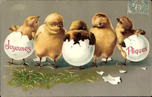 Präge Litho Glückwunsch Ostern, Joyeuses Paques, Küken sind aus Eiern geschlüpft