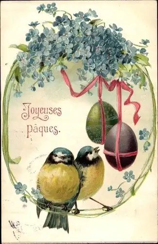 Präge Ak Glückwunsch Ostern, Blaumeisen, Kranz aus Vergissmeinnicht, Ostereier