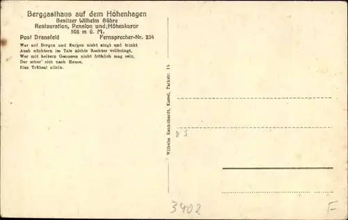 Ak Dransfeld, Hoher Hagen, Gaussturm, Berggasthaus, Giesekestein