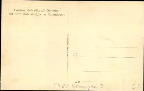 Ak Rolandseck Remagen am Rhein, Ferdinand Freiligrath Denkmal auf dem Rolands-Eck