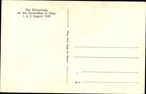 Ak Floss Floß in der Oberpfalz, Heimatfest 1926, Aus der Jugendzeit klingt ein Lied mir immerdar