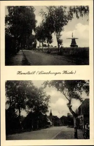 Ak Hanstedt in der Nordheide, Straßenpartie, Windmühle