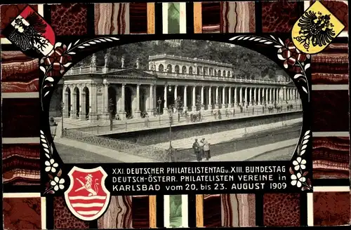 Ganzsachen Passepartout Ak Karlovy Vary Karlsbad Stadt, XXI. Dt. Philatelistentag 1909