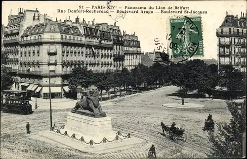 Ak Paris XIV Observatoire, Place Denfert-Rochereau, Panorama du Lion de Belfort