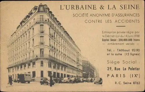 Ak Paris IX, L'Urbaine & La Seine, Societe anonyme d'Assurances, Rue Le Peletier