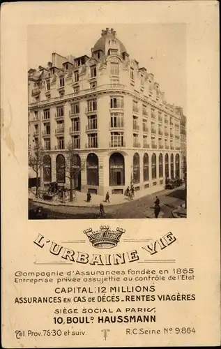 Ak Paris IX, L'Urbaine Vie, Compagnie d'Assurances, 10 Boulevard Haussmann
