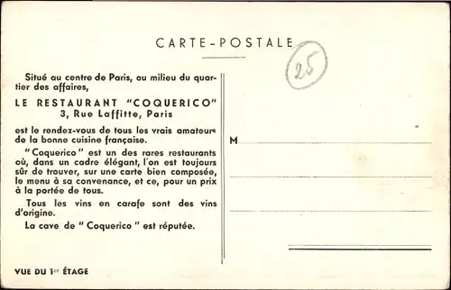 Ak Paris IX, Le Restaurant Coquerico, 3 Rue Laffitte, 1er Etage