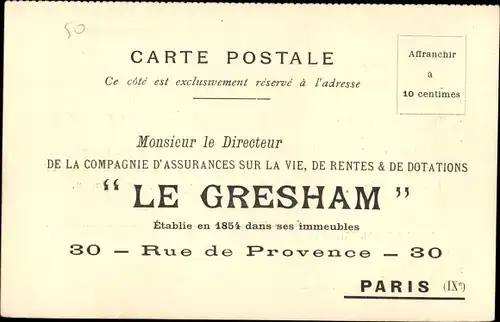 Ak Paris IX, Cie. Gresham Assurances sur la Vie, 30 Rue de Provence, Le Vaudeville, Chaussee d'Antin