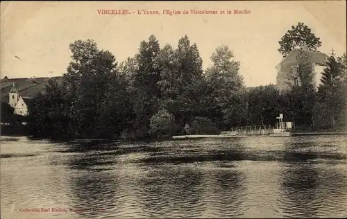 Ak Vincelles Yonne, L'Yonne, L'Eglise et le Moulin