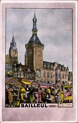 Künstler Ak Bailleul Nord, Hôtel de ville et beffroi, Rathaus