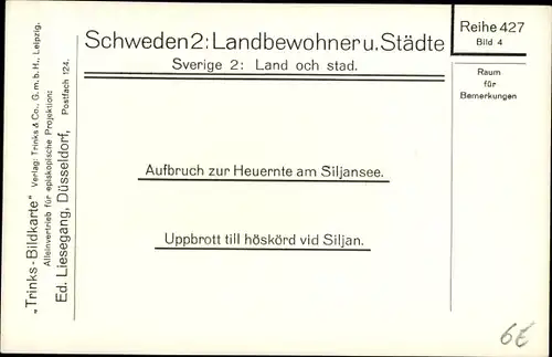 Ak Schweden, Aufbruch zur Heuernte am Siljansee, Trachten