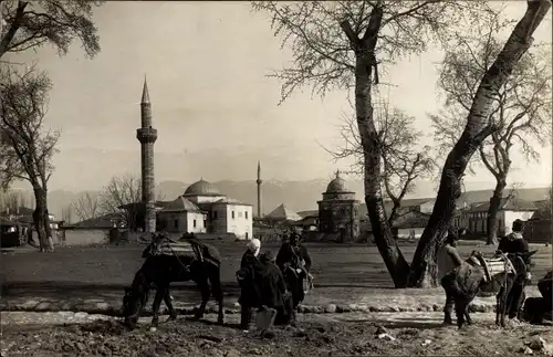 Foto Ak Mazedonien, Ortsansicht, Pferd, Esel, Moschee, I WK