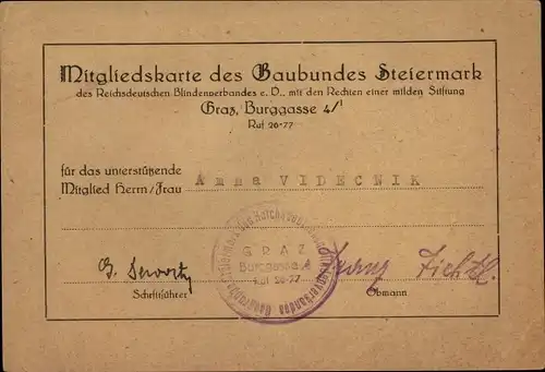 Ak Graz Steiermark, Mitgliedskarte Gaubund Steiermark des Reichsdeutschen Blindenverbandes