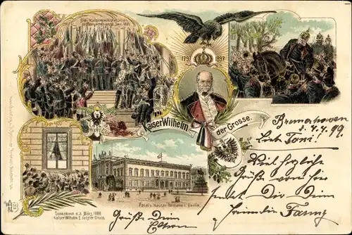 Litho Kaiser Wilhelm der Große, Feier, Adler, Palais in Berlin, Kaiserproklamation