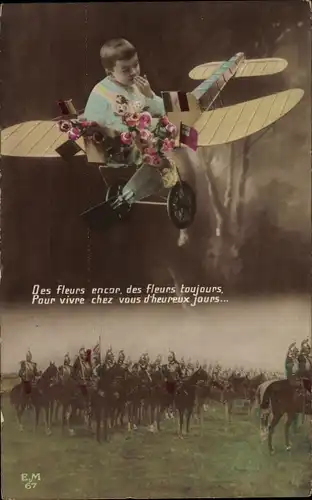 Ak Des fleurs encor, französische Soldaten, Junge im Flugzeug